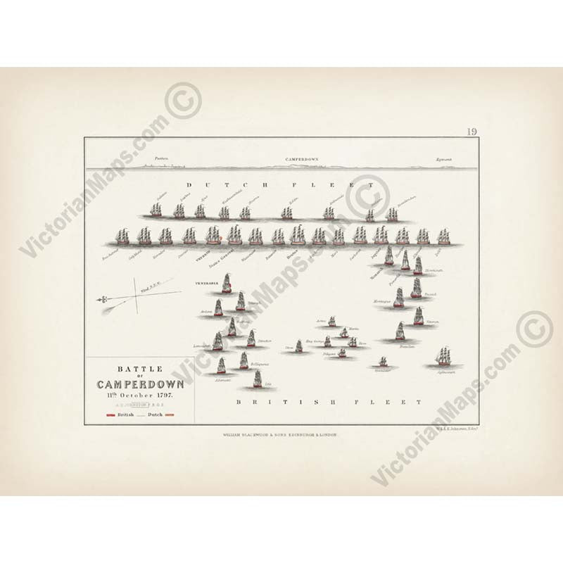 Battle of Camperdown 11th October 1797 Admiral Duncan's attack on Dutch fleet. An engraved and hand-coloured map 19, A. K. Johnston, Atlas to Alison's History of Europe, 1850 art print poster canvas gift