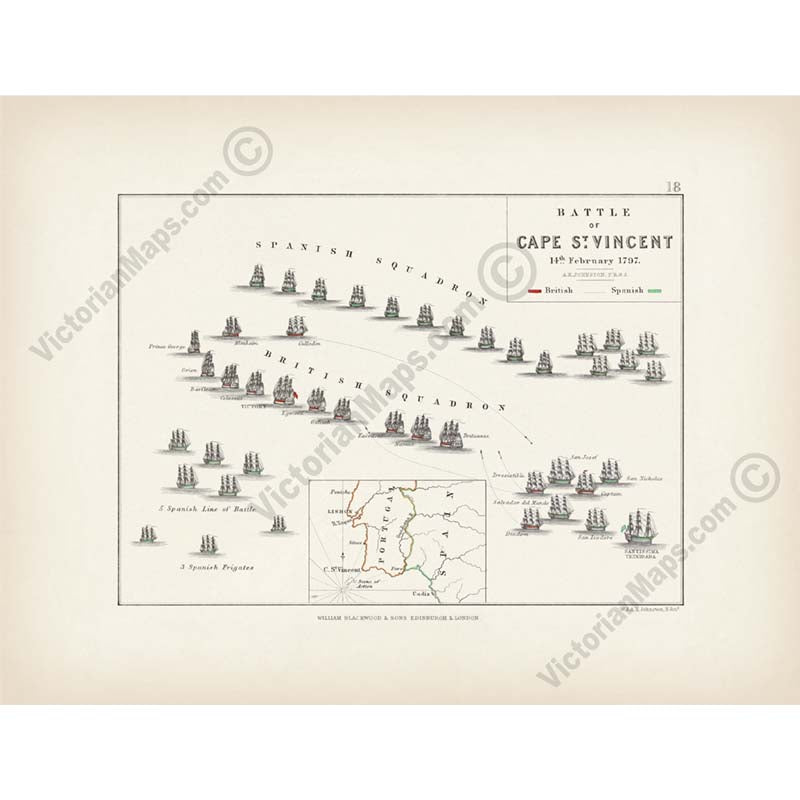 Battle of Cape St. Vincent 14th February 1797; Admiral Jervis's attack on Spanish fleet. An engraved and hand-coloured map 18, A. K. Johnston, Atlas to Alison's History of Europe, 1850 art print poster canvas gift