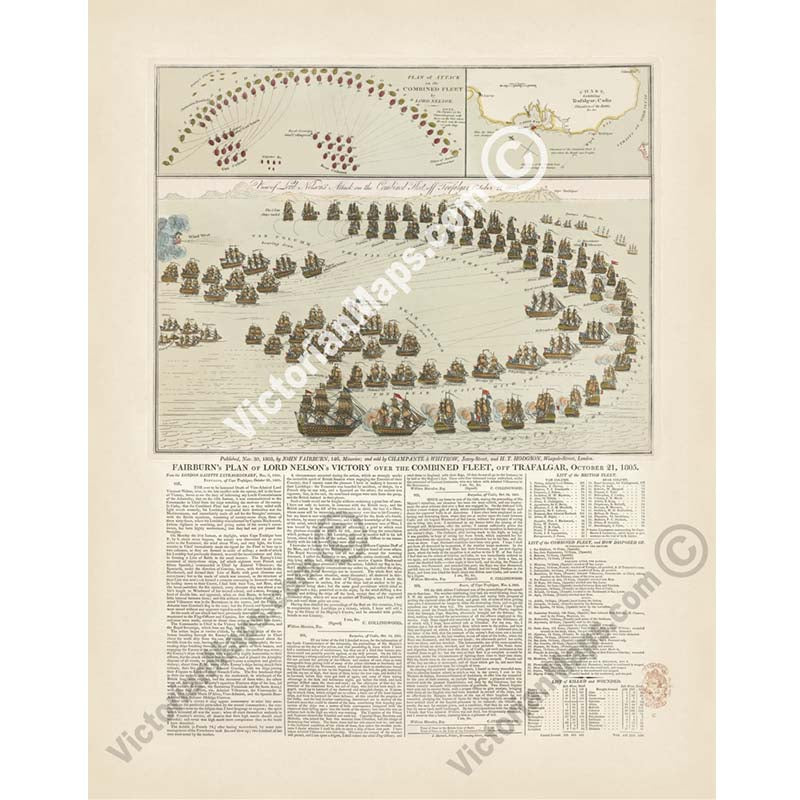 Fairburn's plan of Lord Nelson's victory over the combined fleet, off Trafalgar, October 21, 1805 - a broadside print by J. Fairburn, 1805 art poster canvas map gift