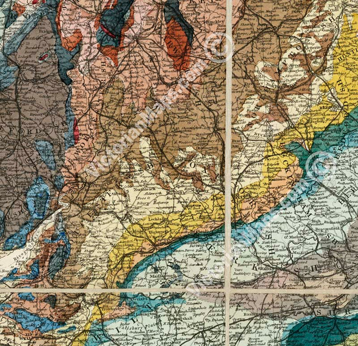 Geological map of England, Wales and the Southern part of Scotland - a map by E. Ravenstein, 1865 art print poster canvas gift