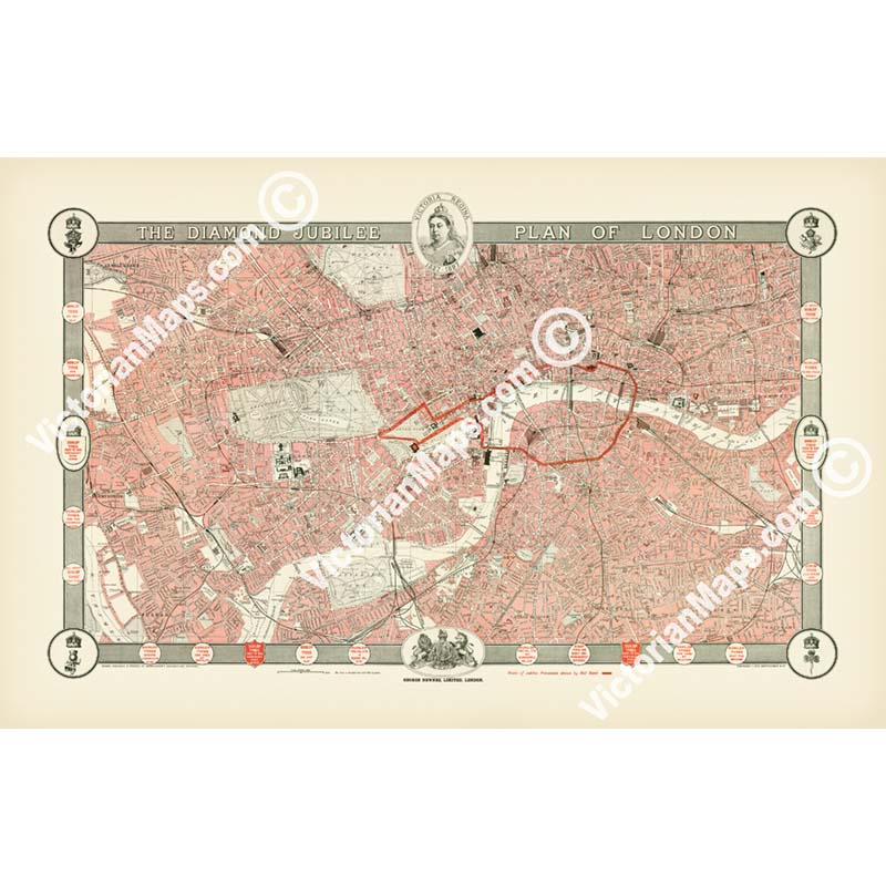 The Diamond Jubilee Plan of London - a map of Victorian London & Queen Victoria procession route, by John Bartholomew, 1897 art print poster canvas gift