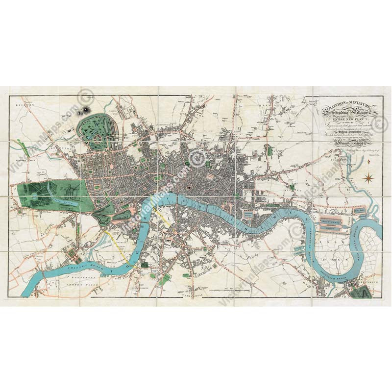 LONDON in MINIATURE with the Surrounding Villages - a folding hand-coloured map by E. Mogg, 1814 art print poster canvas gift