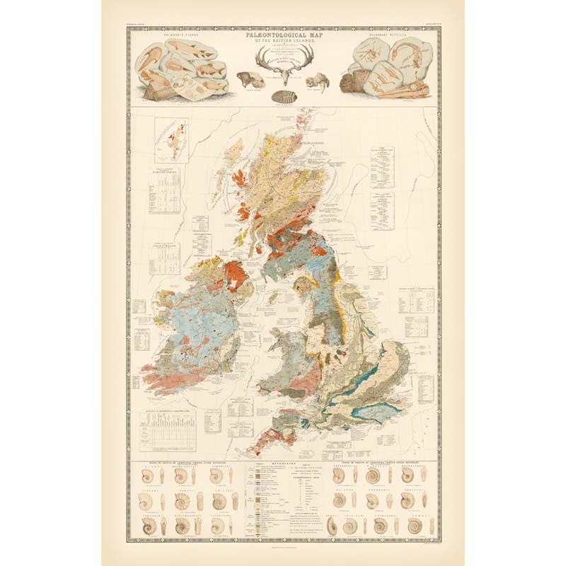 Palaeontological Map of the British Islands by A. K. Johnston & E. Forbes, published by William Blackwood & Sons 1848 art print poster canvas gift