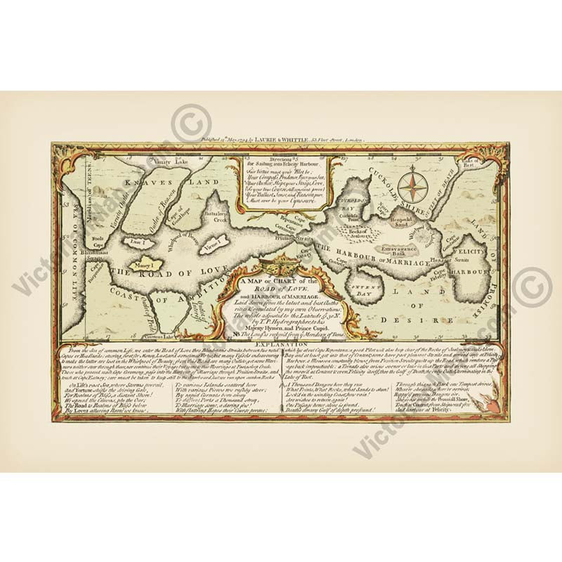A Map or Chart of the Road of Love and Harbour of Marriage, published in 1794 by Laurie & Whittle art print poster canvas gift