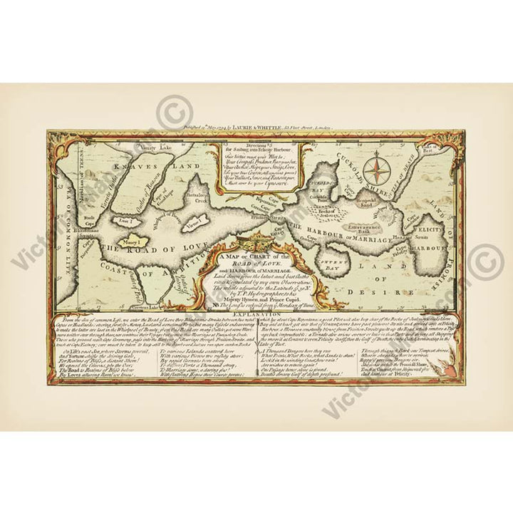 A Map or Chart of the Road of Love and Harbour of Marriage, published in 1794 by Laurie & Whittle art print poster canvas gift