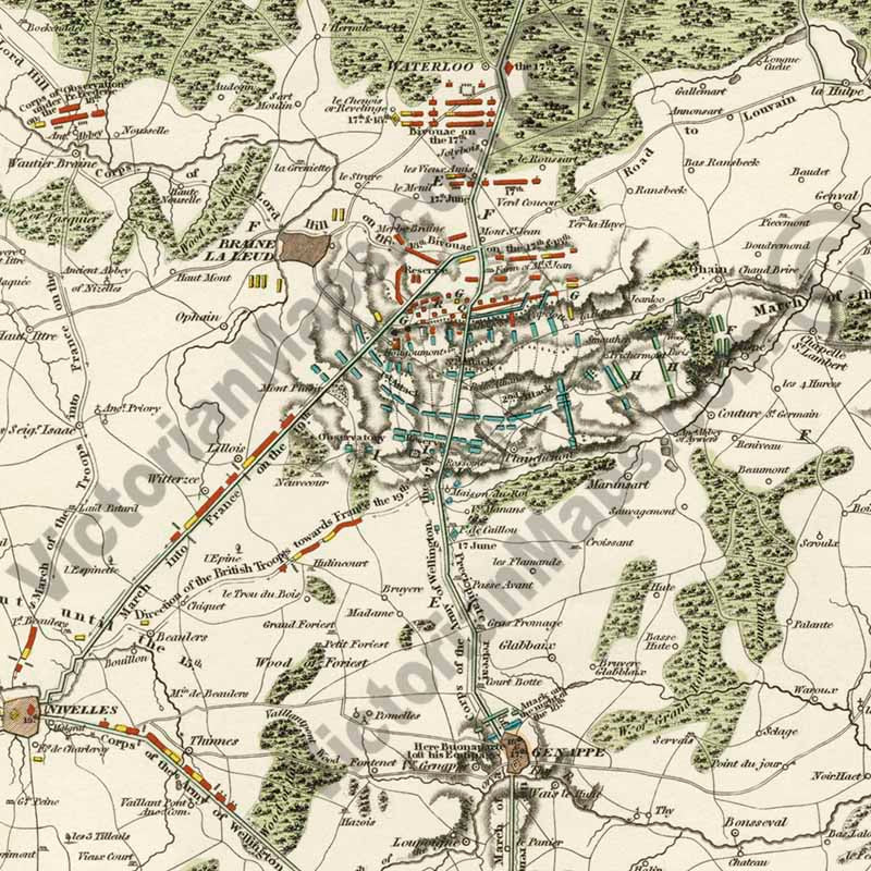 An Historical Map & Plan of the Campaign in Belgium, A.D. 1815... Battles of Waterloo, Ligny, Quatre-Bras... by S. Hall, J. Booth, 1816 art print poster canvas gift