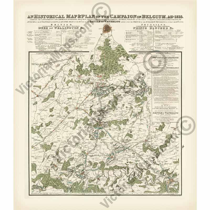An Historical Map & Plan of the Campaign in Belgium, A.D. 1815... Battles of Waterloo, Ligny, Quatre-Bras... by S. Hall, J. Booth, 1816 art print poster canvas gift