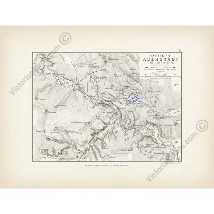 Battle of Auerstedt (Auerstadt) 14 October 1806. An engraved and hand-coloured map 41, A. K. Johnston, Atlas to Alison's History of Europe, 1850 art print poster canvas gift