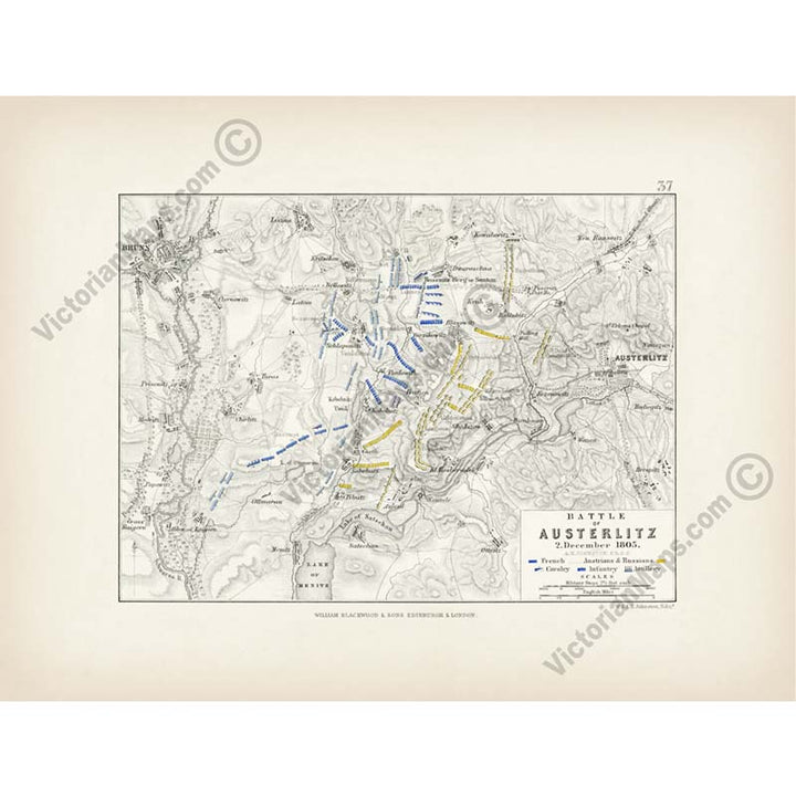 Battle of Austerlitz 2nd December 1805 An engraved and hand-coloured map 37, A. K. Johnston, Atlas to Alison's History of Europe, 1850 art print poster canvas gift
