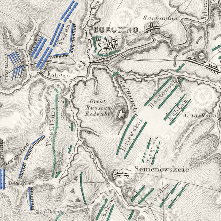 Battle of Borodino 7 September 1812. An engraved and hand-coloured map 75, A. K. Johnston, Atlas to Alison's History of Europe, 1850