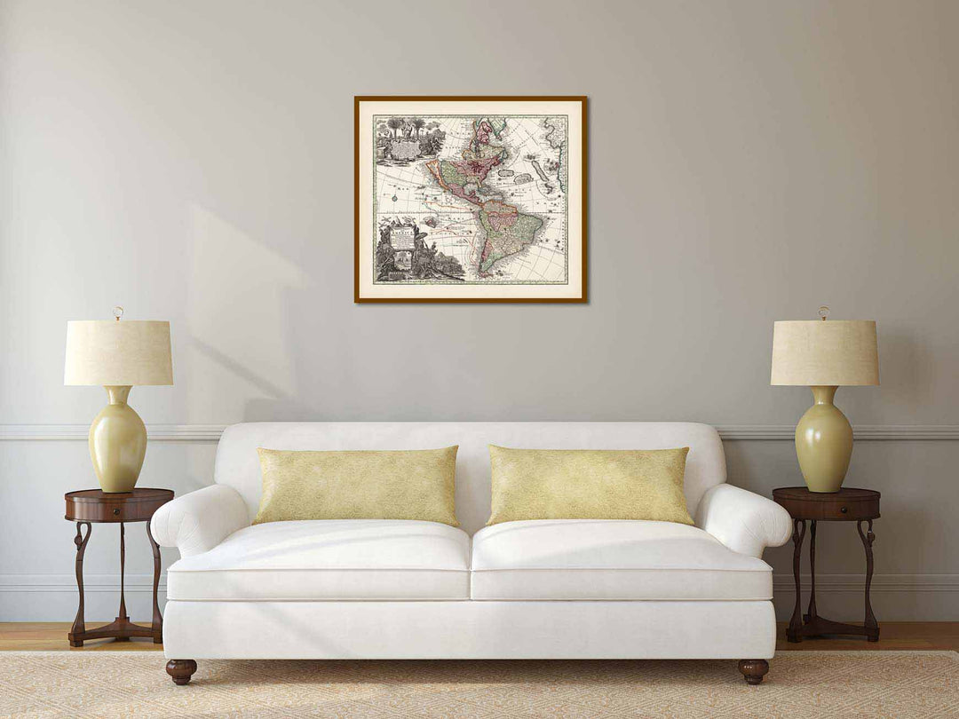 Novus Orbis Sive America Meridionalis et Septentrionalis - an early map of North & South America by Matthaus Seutter, 1730 art print poster canvas gift