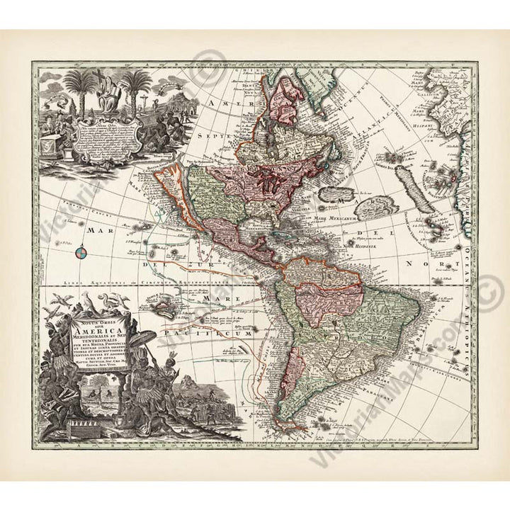Novus Orbis Sive America Meridionalis et Septentrionalis - an early map of North & South America by Matthaus Seutter, 1730 art print poster canvas gift