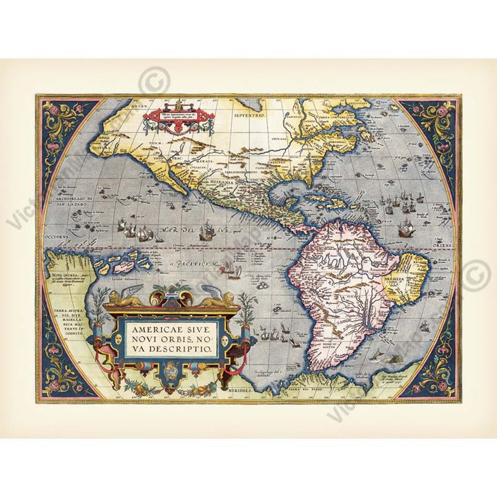 America North South Americae Sive Novi Orbis - an early map of North & South America by Abraham Ortellus, 1595