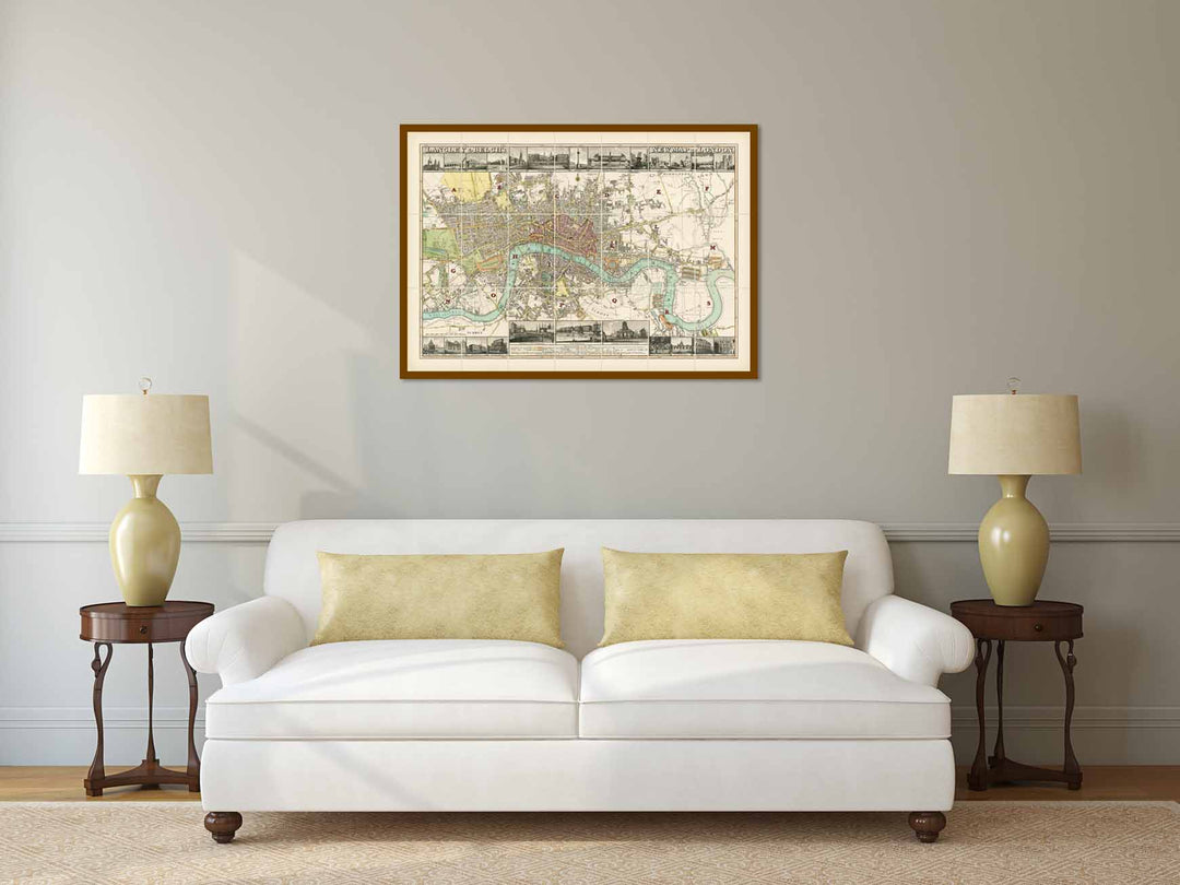Langley & Belch's New Map of London, 1812 - Pictorial engraved hand-coloured folding map of 19c. London in times of Waterloo, Wellington and Napoleon art print poster gift