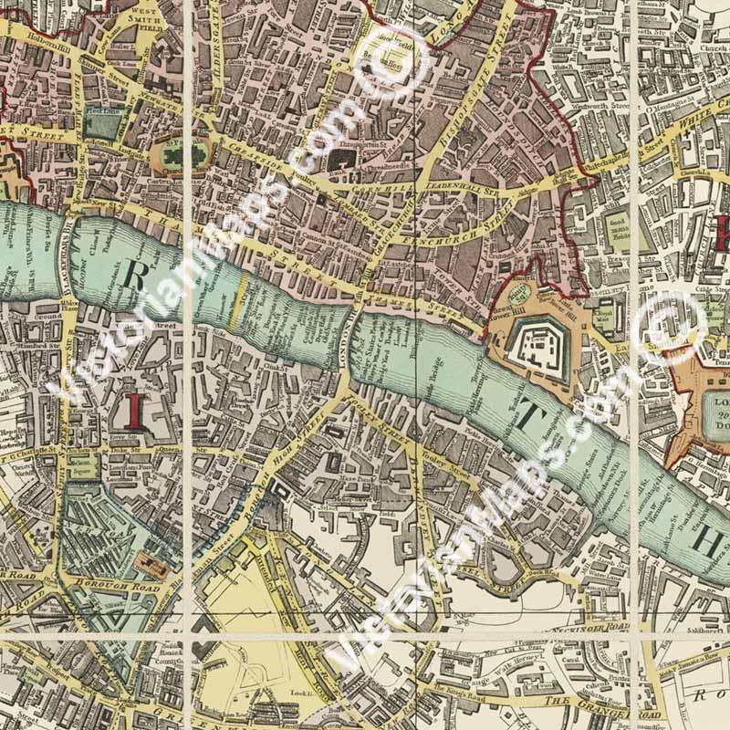 Langley & Belch's New Map of London, 1812 - Pictorial engraved hand-coloured folding map of 19c. London in times of Waterloo, Wellington and Napoleon art print poster gift