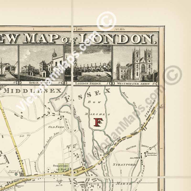Langley & Belch's New Map of London, 1812 - Pictorial engraved hand-coloured folding map of 19c. London in times of Waterloo, Wellington and Napoleon art print poster gift