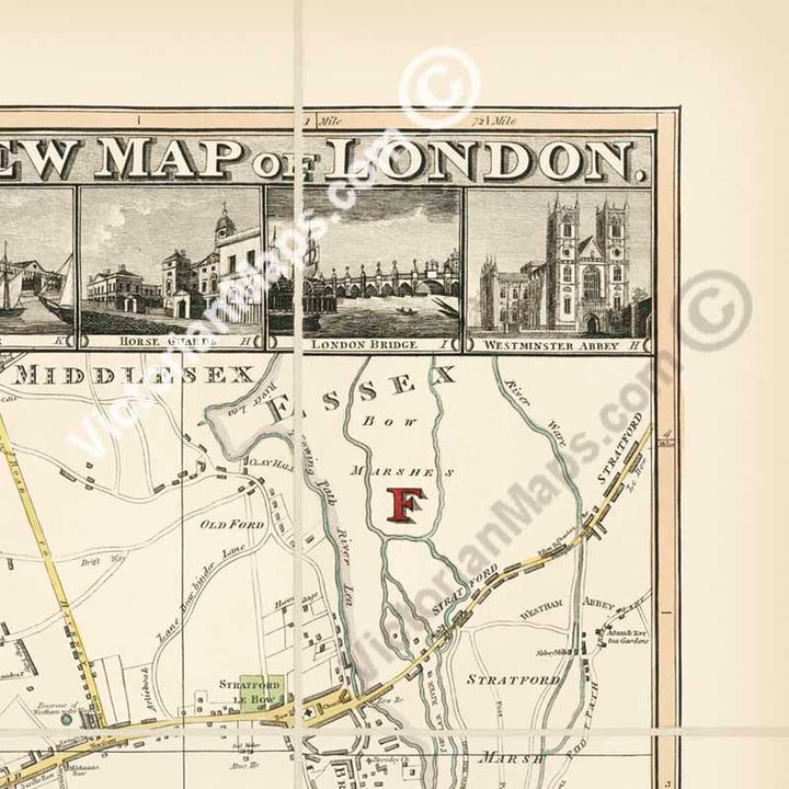 Langley & Belch's New Map of London, 1812 - Pictorial engraved hand-coloured folding map of 19c. London in times of Waterloo, Wellington and Napoleon art print poster gift