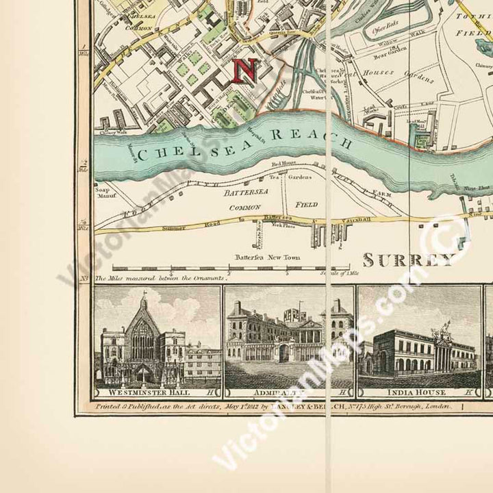 Langley & Belch's New Map of London, 1812 - Pictorial engraved hand-coloured folding map of 19c. London in times of Waterloo, Wellington and Napoleon art print poster gift