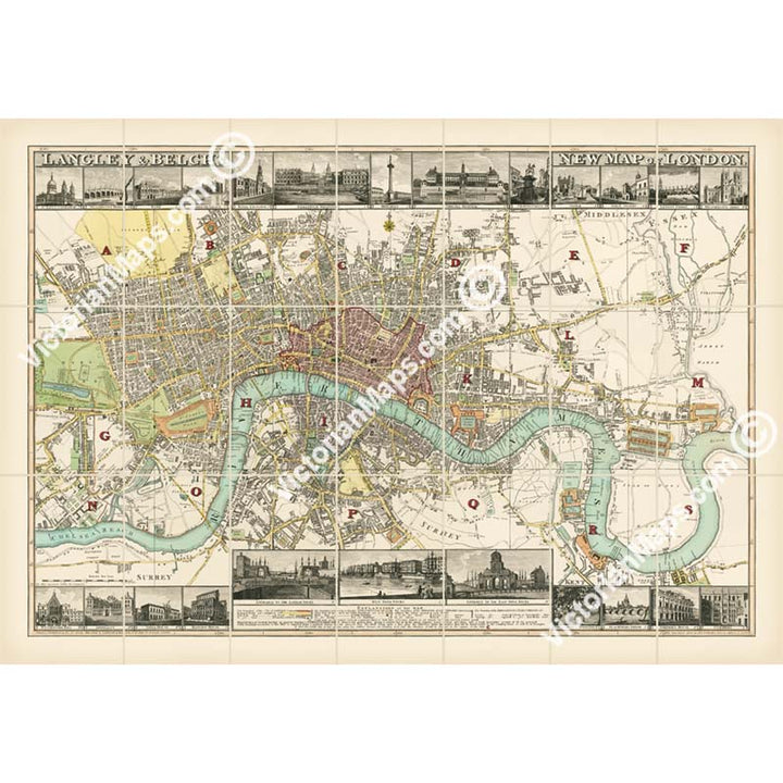 Langley & Belch's New Map of London, 1812 - Pictorial engraved hand-coloured folding map of 19c. London in times of Waterloo, Wellington and Napoleon art print poster gift
