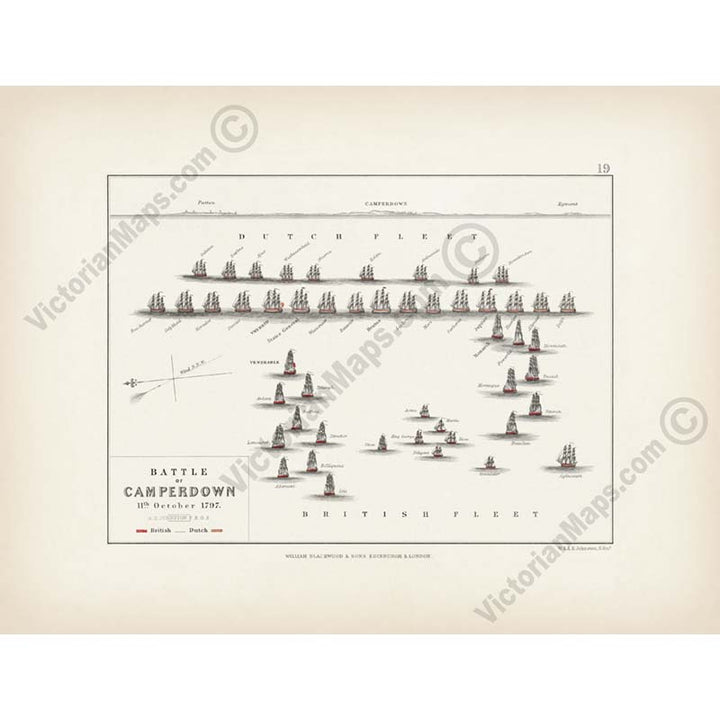 Battle of Camperdown 11th October 1797 Admiral Duncan's attack on Dutch fleet. An engraved and hand-coloured map 19, A. K. Johnston, Atlas to Alison's History of Europe, 1850 art print poster canvas gift
