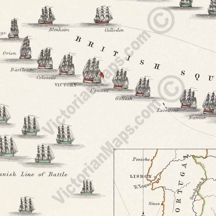 Battle of Cape St. Vincent 14th February 1797; Admiral Jervis's attack on Spanish fleet. An engraved and hand-coloured map 18, A. K. Johnston, Atlas to Alison's History of Europe, 1850 art print poster canvas gift