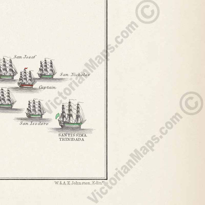 Battle of Cape St. Vincent 14th February 1797; Admiral Jervis's attack on Spanish fleet. An engraved and hand-coloured map 18, A. K. Johnston, Atlas to Alison's History of Europe, 1850 art print poster canvas gift