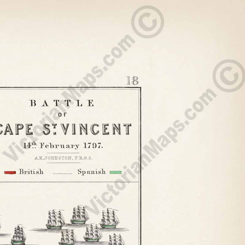 Battle of Cape St. Vincent 14th February 1797; Admiral Jervis's attack on Spanish fleet. An engraved and hand-coloured map 18, A. K. Johnston, Atlas to Alison's History of Europe, 1850 art print poster canvas gift
