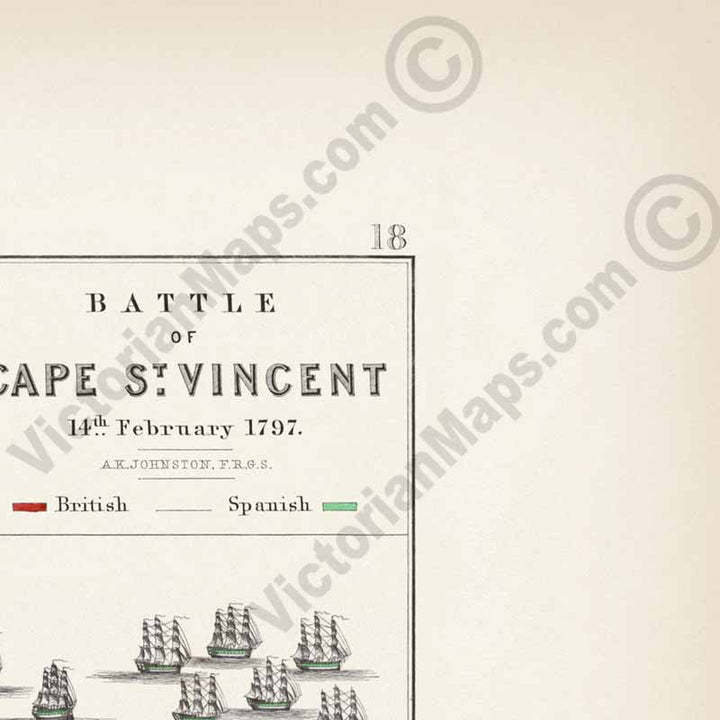 Battle of Cape St. Vincent 14th February 1797; Admiral Jervis's attack on Spanish fleet. An engraved and hand-coloured map 18, A. K. Johnston, Atlas to Alison's History of Europe, 1850 art print poster canvas gift