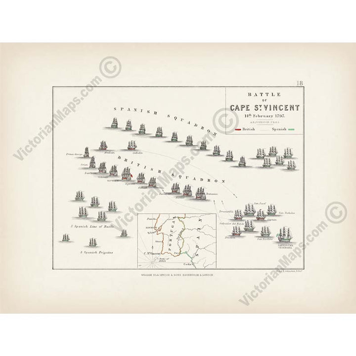 Battle of Cape St. Vincent 14th February 1797; Admiral Jervis's attack on Spanish fleet. An engraved and hand-coloured map 18, A. K. Johnston, Atlas to Alison's History of Europe, 1850 art print poster canvas gift