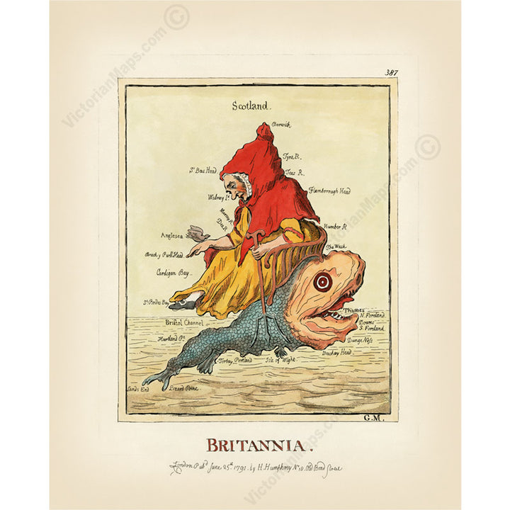 Britannia - a comic droll humorous satirical map of England and Wales Britain by James Gillray, 1791 art print poster canvas gift