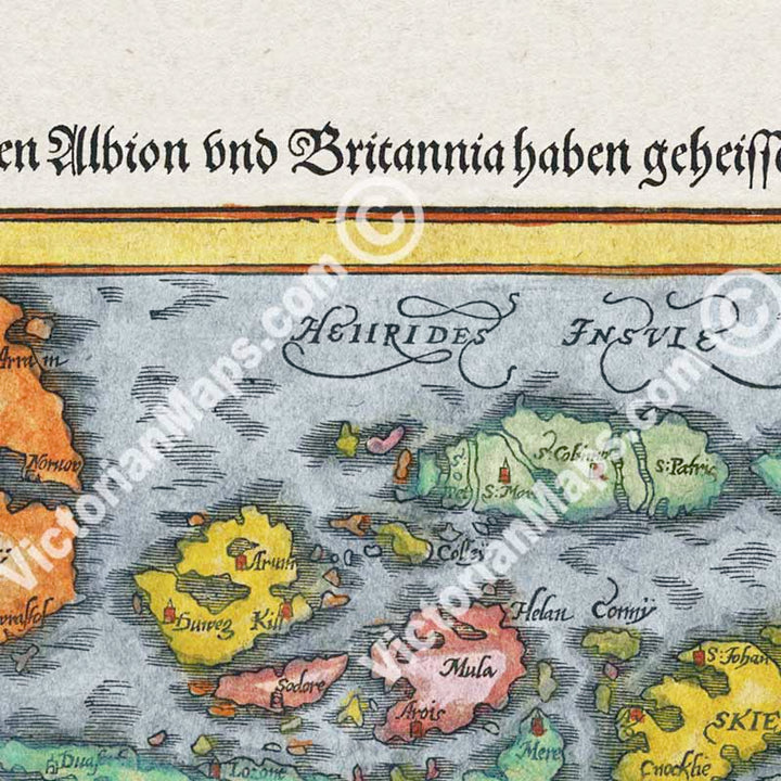 British Isles Great Britain - an early woodblock engraved map by Sebastian Munster, 1544 art print poster canvas gift