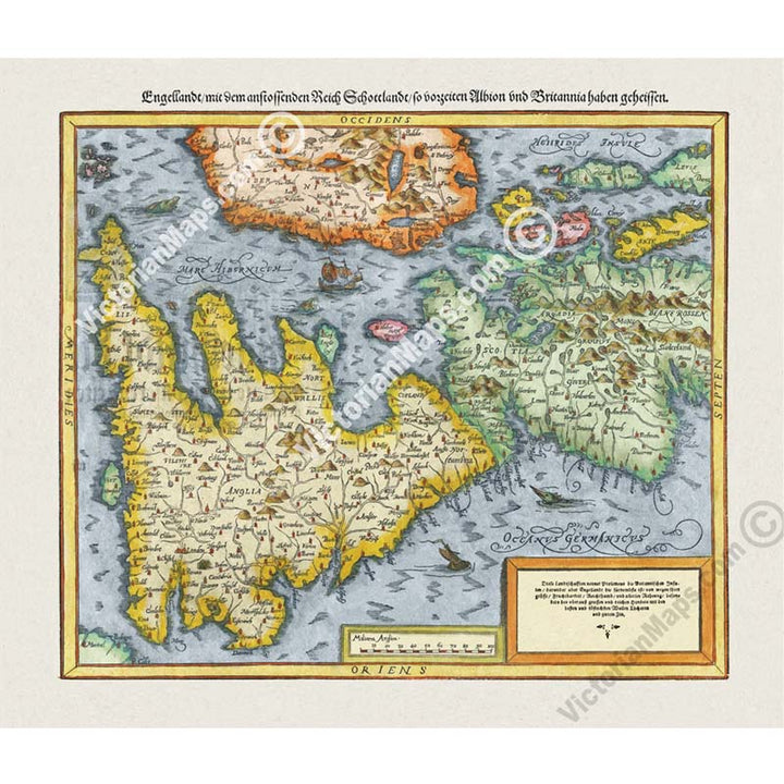 British Isles Great Britain - an early woodblock engraved map by Sebastian Munster, 1544 art print poster canvas gift