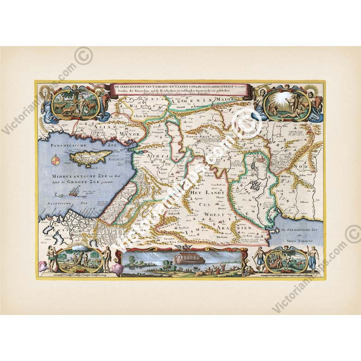 De Gelegentheyt van t'Paradys, a Map of the Holy Land or the Earthly Paradise - a print by Stoopendaal - Keur, 1738 art poster canvas gift
