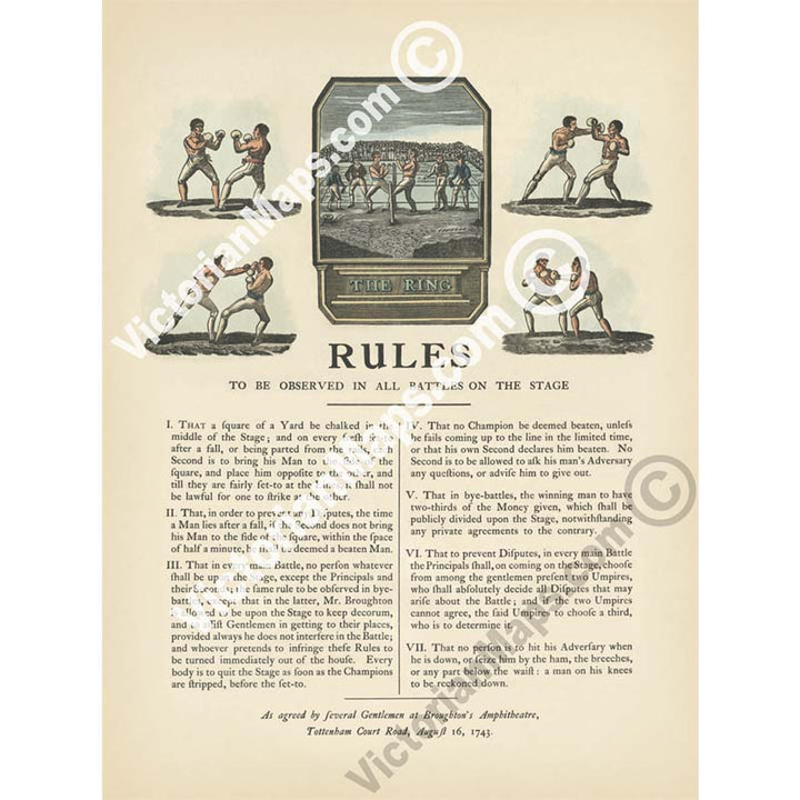 Boxing RULES to be observed in all battles on the stage, engraved broadside print, 1743 art poster canvas gift
