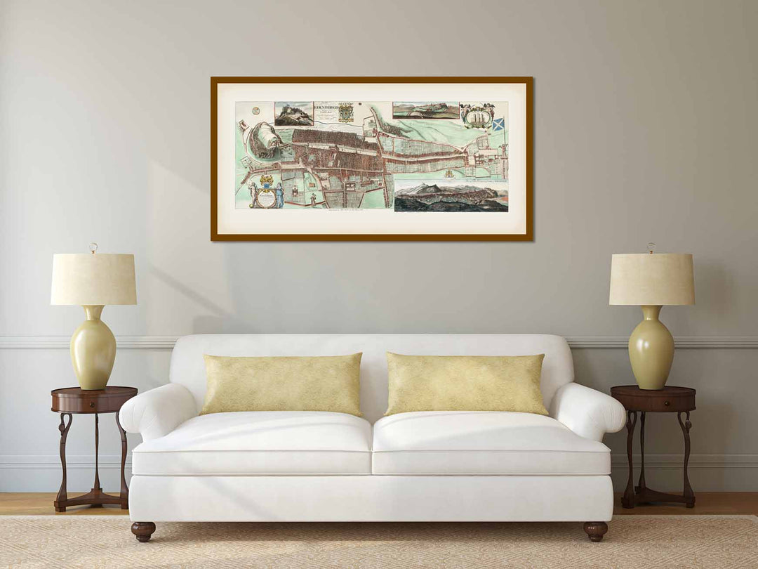 The Edinburgh Edenburgh Exactly done from the Original of ye Famous De Wit - a panoramic plan map by A. Johnston, J. Bowles 1710 art print poster canvas gift