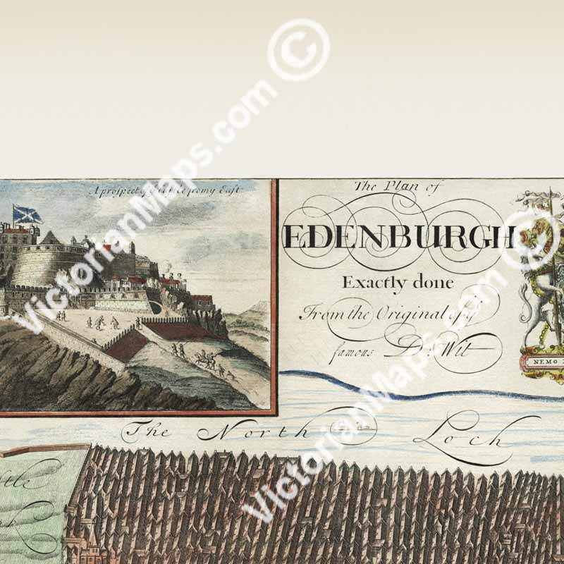 The Edinburgh Edenburgh Exactly done from the Original of ye Famous De Wit - a panoramic plan map by A. Johnston, J. Bowles 1710 art print poster canvas gift