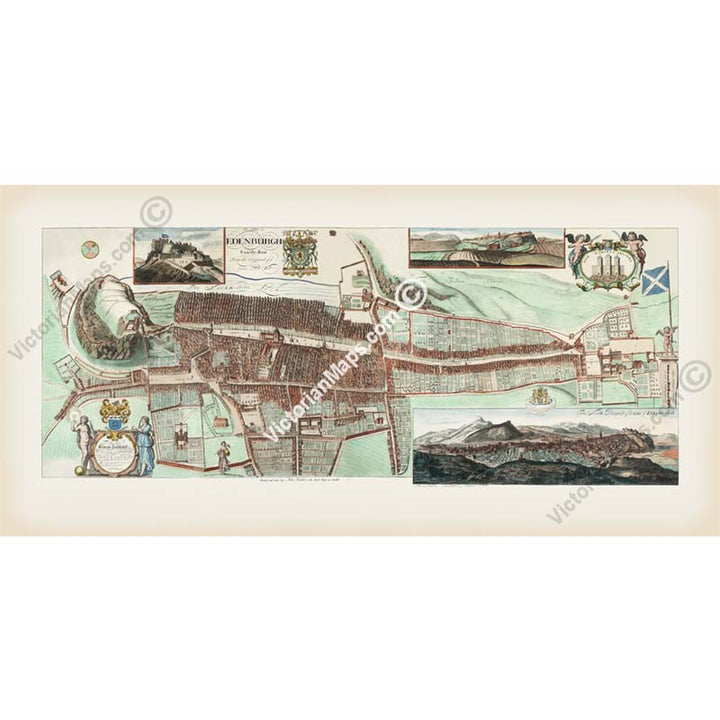 The Edinburgh Edenburgh Exactly done from the Original of ye Famous De Wit - a panoramic plan map by A. Johnston, J. Bowles 1710 art print poster canvas gift