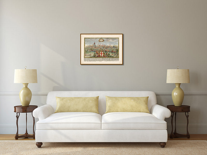 London Londen Londinium - a panoramic bird's eye view cityscape print by Engelbrecht, 1720 art poster canvas map gift