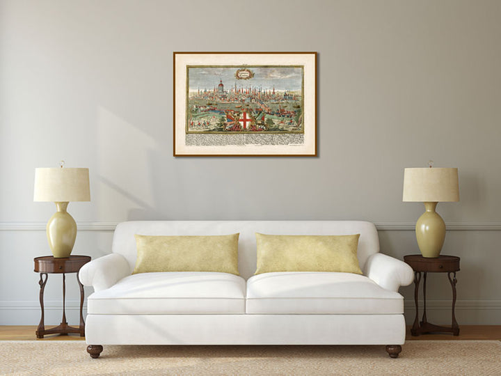 London Londen Londinium - a panoramic bird's eye view cityscape print by Engelbrecht, 1720 art poster canvas map gift
