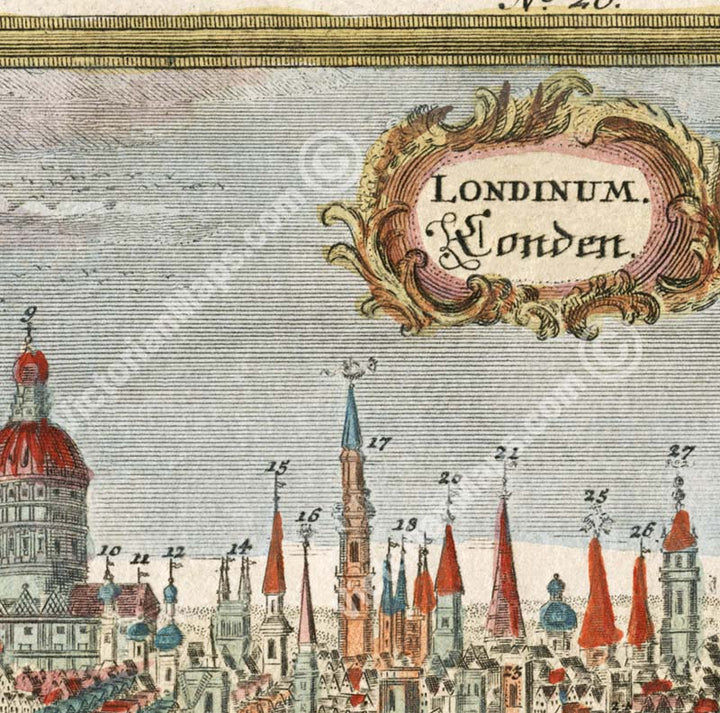 London Londen Londinium - a panoramic bird's eye view cityscape print by Engelbrecht, 1720 art poster canvas map gift