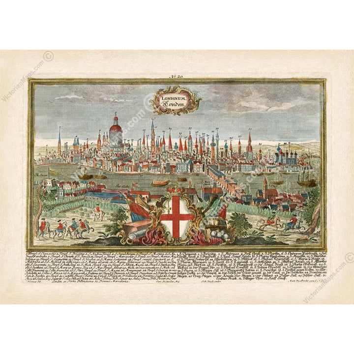 London Londen Londinium - a panoramic bird's eye view cityscape print by Engelbrecht, 1720 art poster canvas map gift