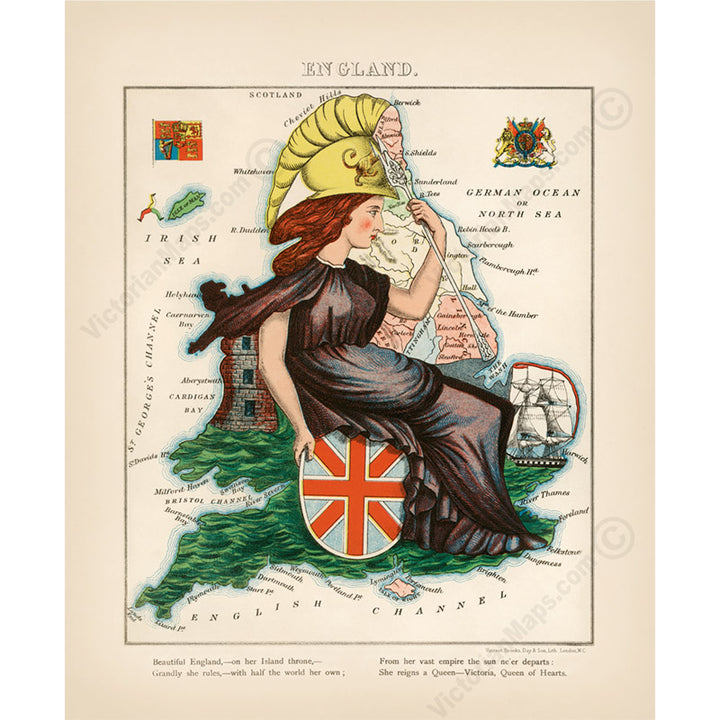 Beautiful England... - a humorous anthropomorphic map of England and Wales by W. Harvey, 1868