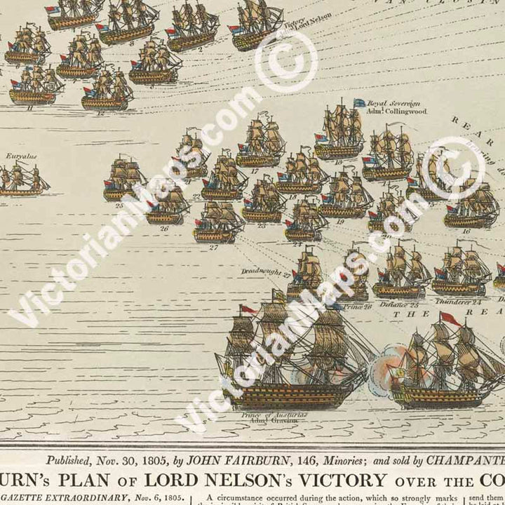 Fairburn's plan of Lord Nelson's victory over the combined fleet, off Trafalgar, October 21, 1805 - a broadside print by J. Fairburn, 1805 art poster canvas map gift