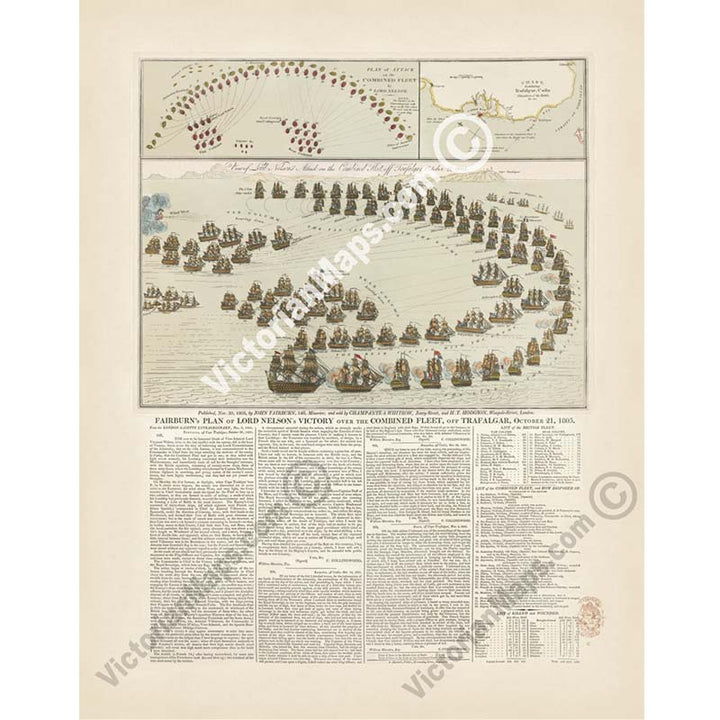 Fairburn's plan of Lord Nelson's victory over the combined fleet, off Trafalgar, October 21, 1805 - a broadside print by J. Fairburn, 1805 art poster canvas map gift