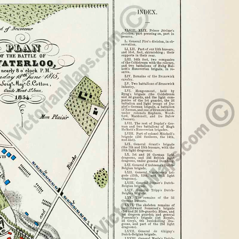 Field of Waterloo towards sunset, on June 18th 1815 - a plan map of the battle by Edward Cotton, 1854 art print poster canvas gift