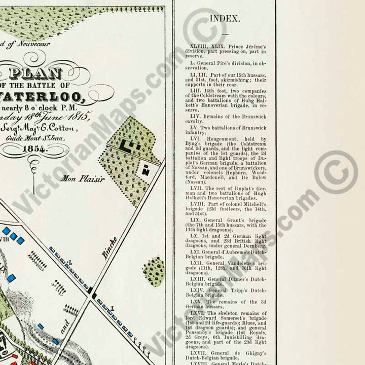 Field of Waterloo towards sunset, on June 18th 1815 - a plan map of the battle by Edward Cotton, 1854 art print poster canvas gift