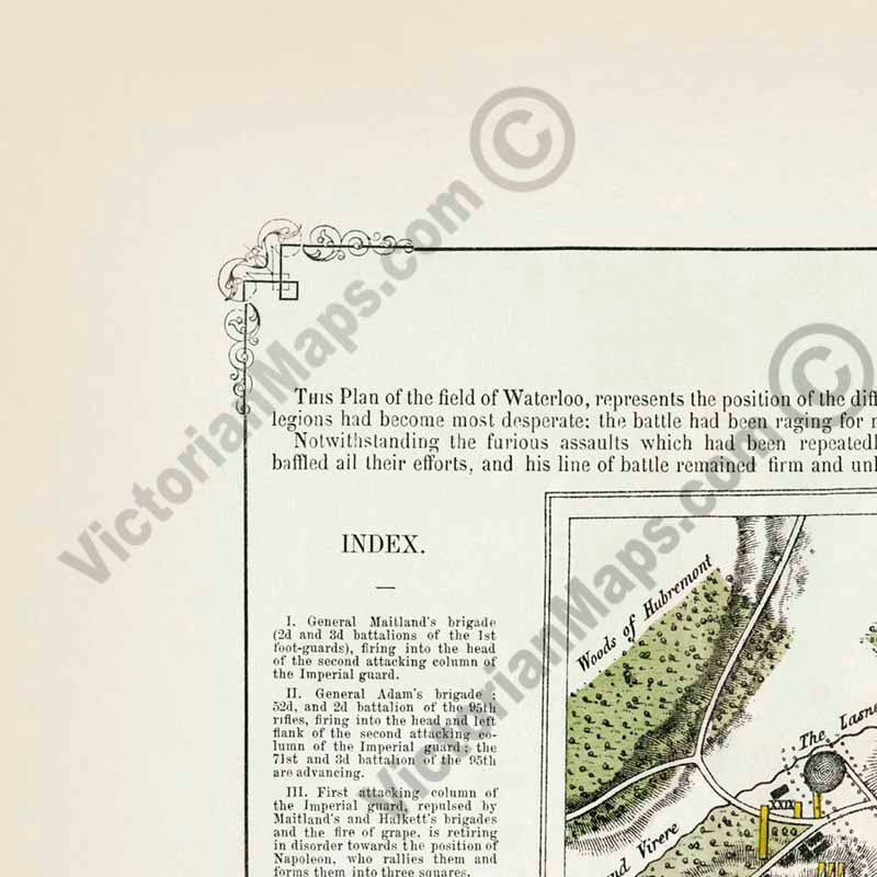 Field of Waterloo towards sunset, on June 18th 1815 - a plan map of the battle by Edward Cotton, 1854 art print poster canvas gift