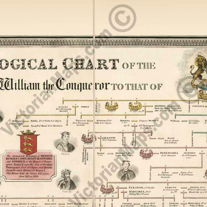 A genealogical chart of the Kings and Queens of England from William the Conqueror to the Queen Victoria. Published C. Smith & Son 1848 art print poster canvas gift