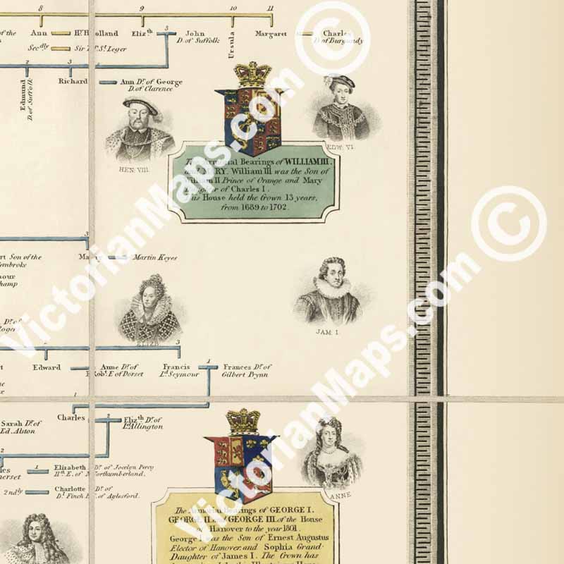 A genealogical chart of the Kings and Queens of England from William the Conqueror to the Queen Victoria. Published C. Smith & Son 1848 art print poster canvas gift