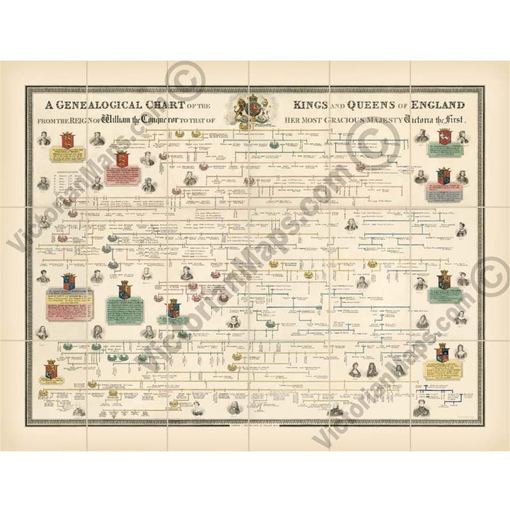 A genealogical chart of the Kings and Queens of England from William the Conqueror to the Queen Victoria. Published C. Smith & Son 1848 art print poster canvas gift